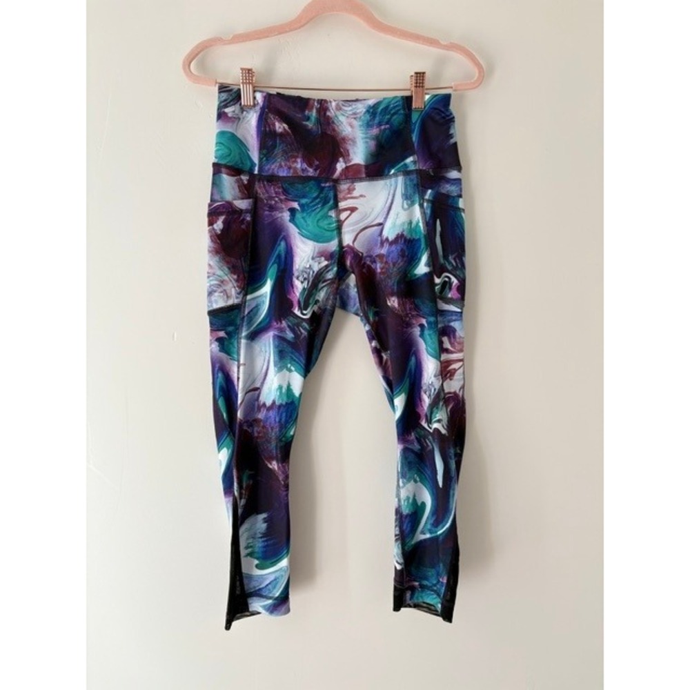 Velocity‎ Women Purple Teal Marble Swirl High Waisted Pockets Leggings Mesh M